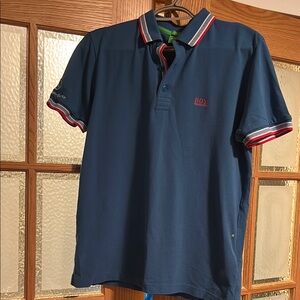 BOSS/Mercedes Navy Blue Polo Shirt with Stripe Trim